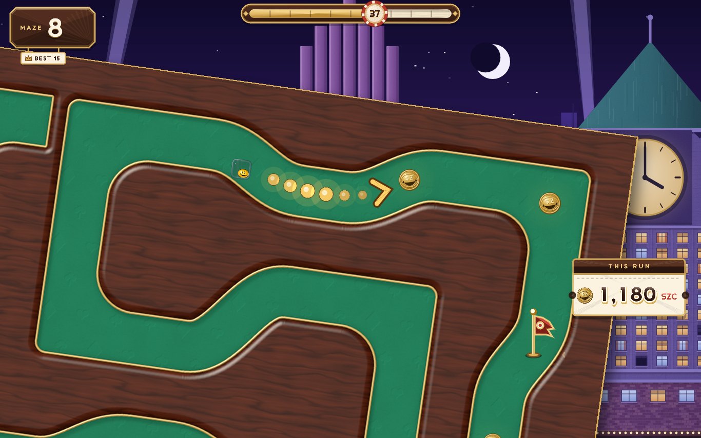Pocket Cube gameplay: Sooz's glass cube rolling through a green felt maze toward Sooz Coins, the city at night behind